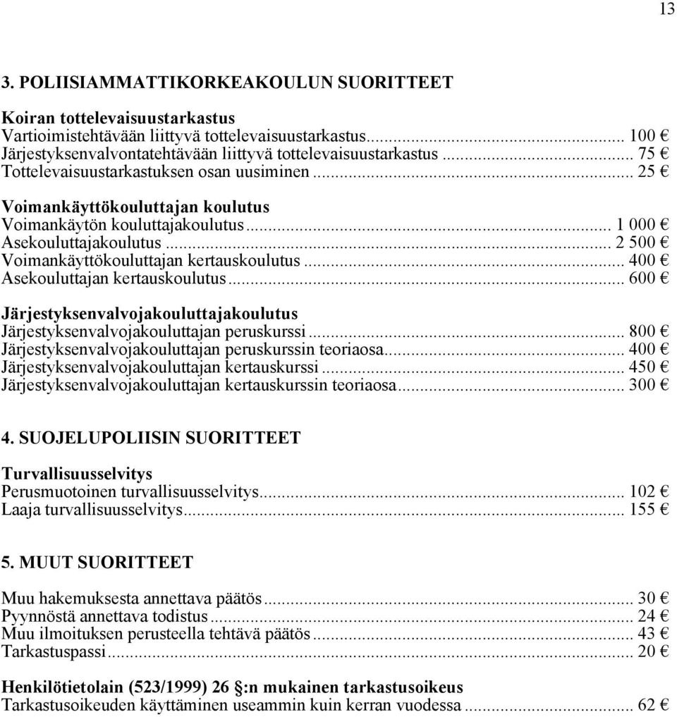 .. 400 Asekouluttajan kertauskoulutus... 600 Järjestyksenvalvojakouluttajakoulutus Järjestyksenvalvojakouluttajan peruskurssi... 800 Järjestyksenvalvojakouluttajan peruskurssin teoriaosa.