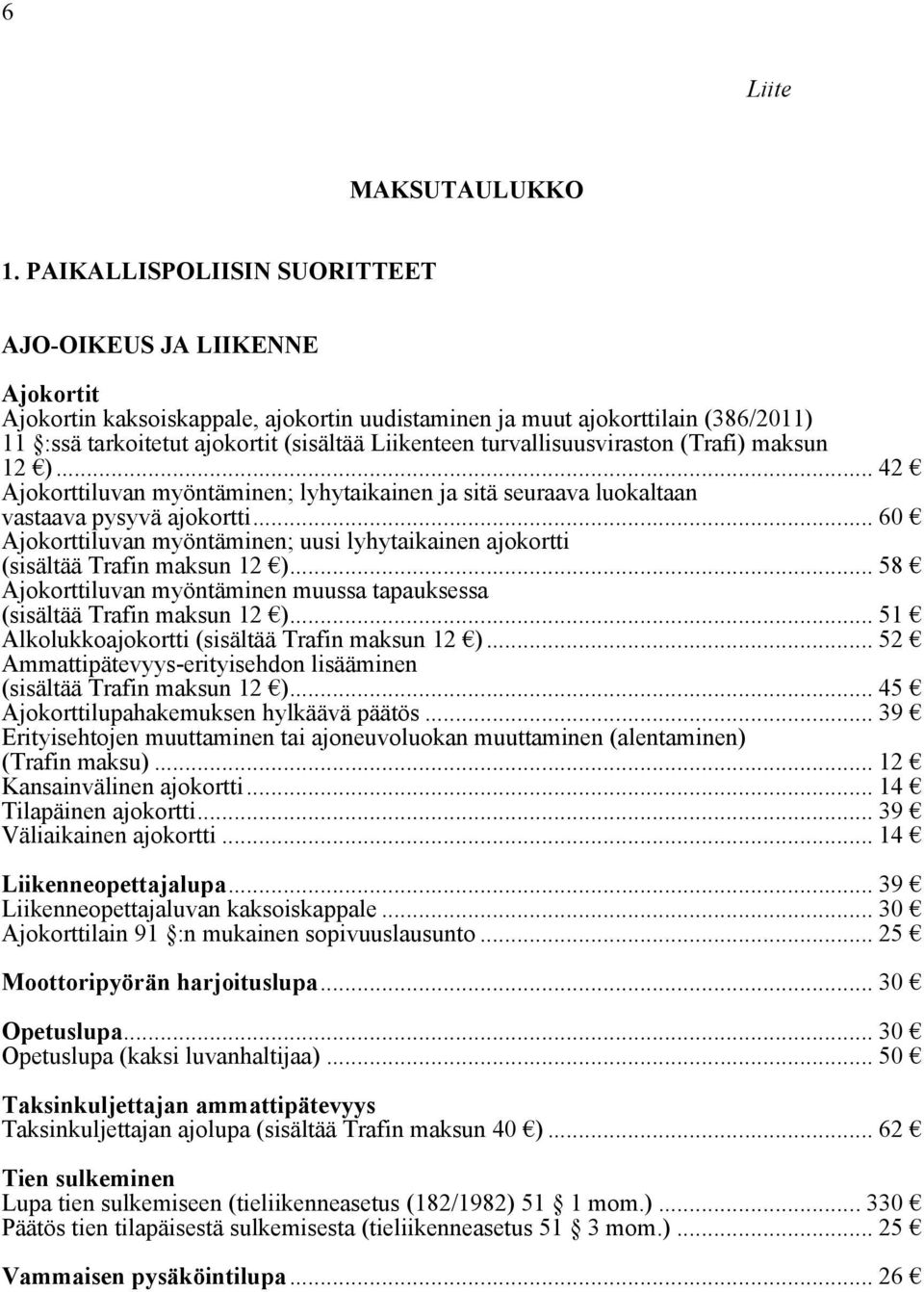 turvallisuusviraston (Trafi) maksun 12 )... 42 Ajokorttiluvan myöntäminen; lyhytaikainen ja sitä seuraava luokaltaan vastaava pysyvä ajokortti.