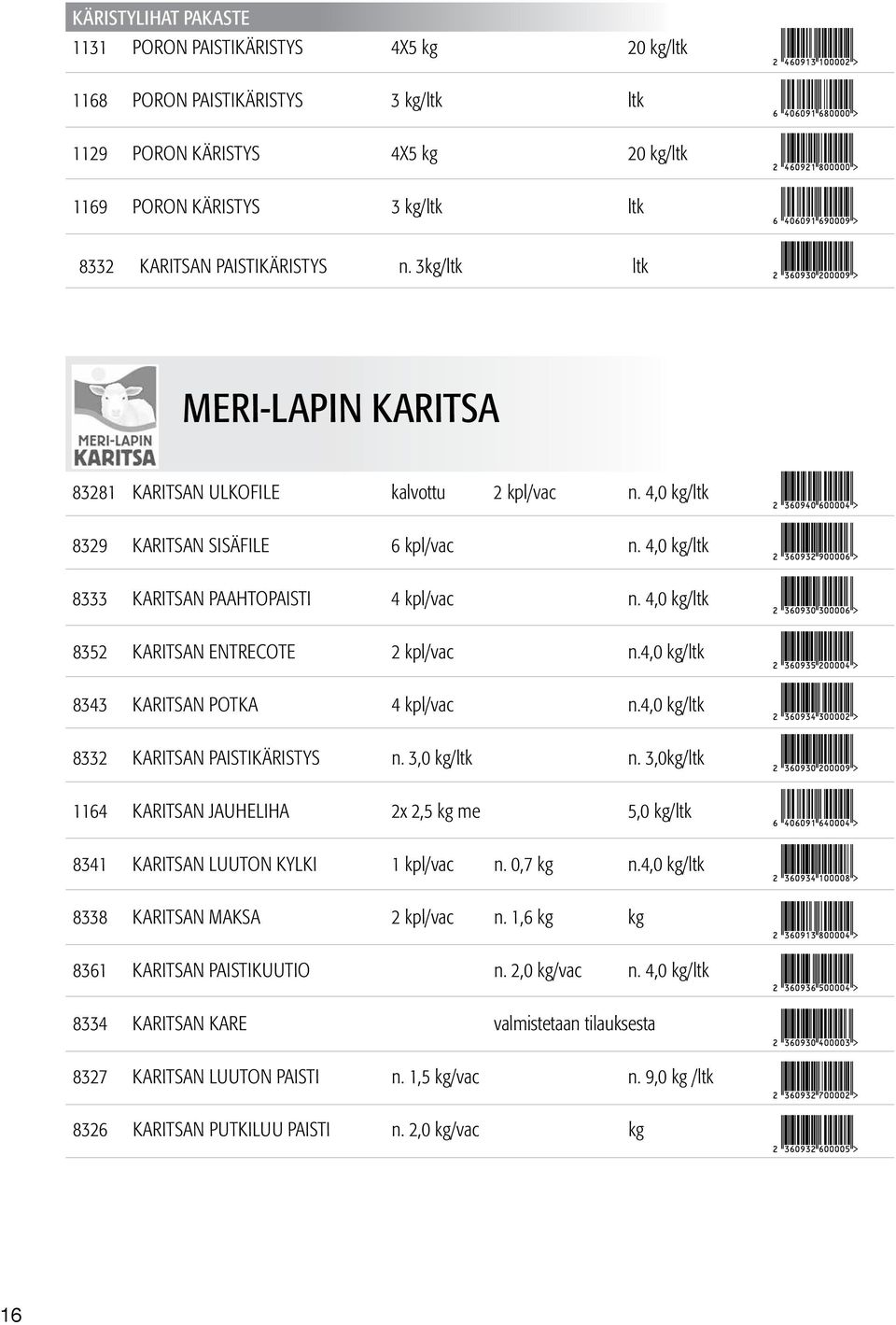 4,0 kg/ltk 8352 KARITSAN ENTRECOTE 2 kpl/vac n.4,0 kg/ltk 8343 KARITSAN POTKA 4 kpl/vac n.4,0 kg/ltk 8332 KARITSAN PAISTIKÄRISTYS n. 3,0 kg/ltk n.