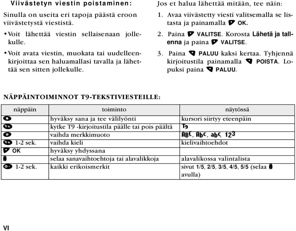 Avaa viivästetty viesti valitsemalla se listasta ja painamalla OK. 2. Paina VALITSE. Korosta Lähetä ja tallenna ja paina VALITSE. 3. Paina. PALUU kaksi kertaa. Tyhjennä kirjoitustila painamalla.