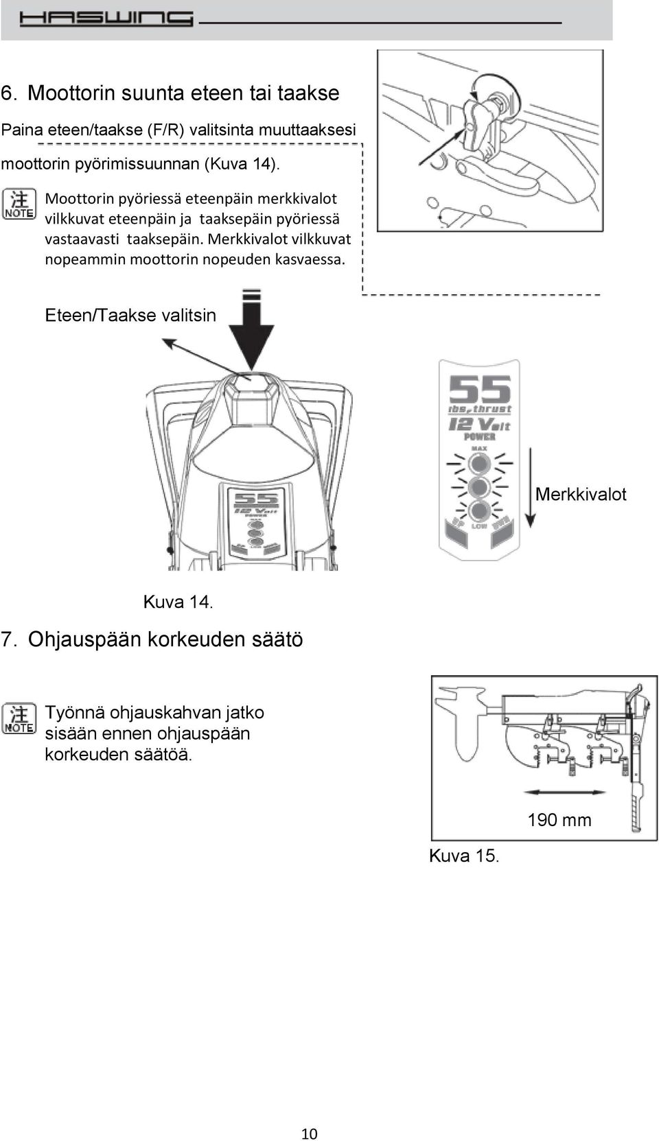 Moottorin pyöriessä eteenpäin merkkivalot vilkkuvat eteenpäin ja taaksepäin pyöriessä vastaavasti taaksepäin.