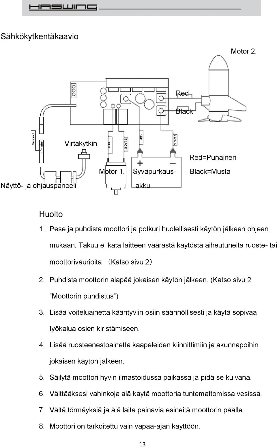 Puhdista moottorin alapää jokaisen käytön jälkeen. (Katso sivu 2 Moottorin puhdistus ) 3. Lisää voiteluainetta kääntyviin osiin säännöllisesti ja käytä sopivaa työkalua osien kiristämiseen. 4.