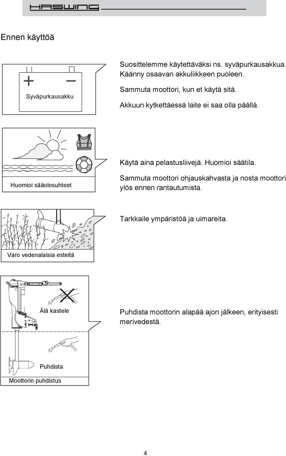 Huomioi säätila. Huomioi sääolosuhteet Sammuta moottori ohjauskahvasta ja nosta moottori ylös ennen rantautumista.