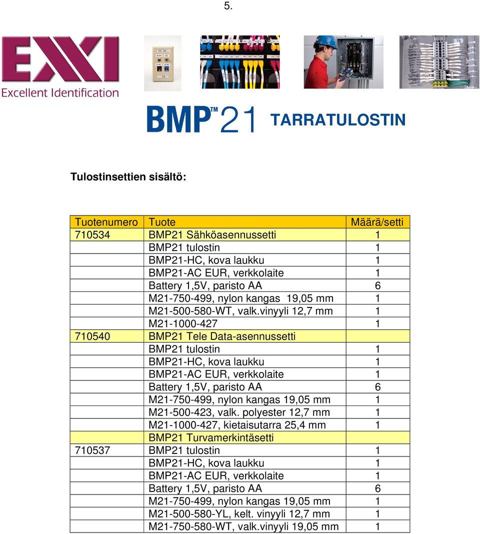 vinyyli 12,7 mm 1 M21-1000-427 1 710540 BMP21 Tele Data-asennussetti BMP21 tulostin 1 M21-500-423, valk.