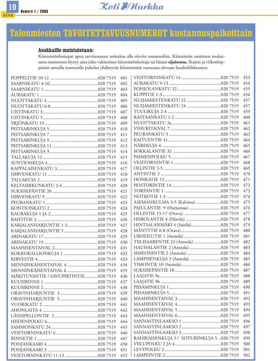 Iltaisin ja viikonloppuisin samalla numerolla puhelut yhdistyvät kiinteistöstä vastuussa olevaan huoltoliikkeeseen. POPPELITIE 10-12...020 7519 401 SAARNIKATU 4-10...020 7519 402 SAARNIKATU 1.