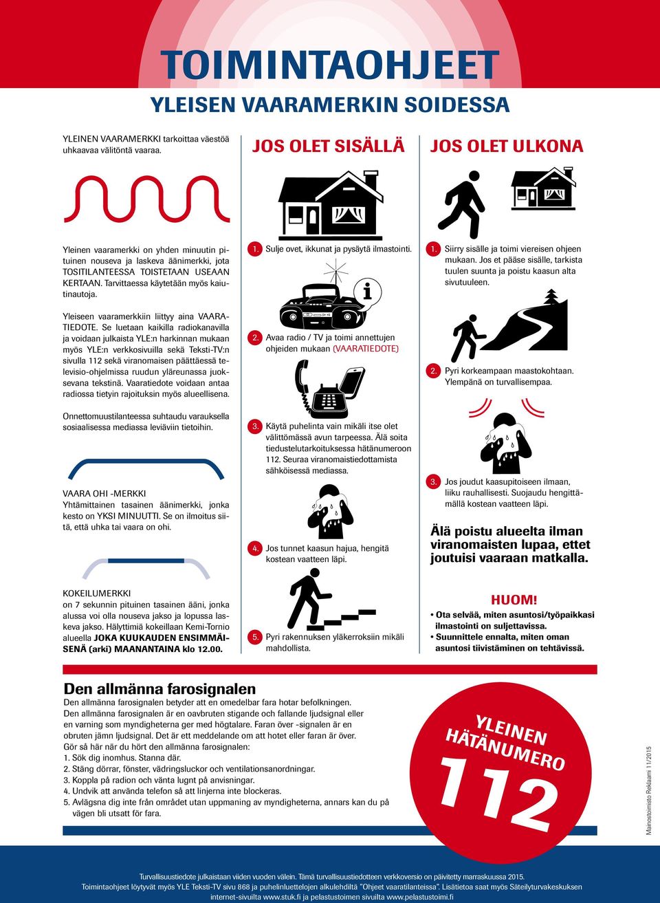 Tarvittaessa käytetään myös kaiutinautoja. Yleiseen vaaramerkkiin liittyy aina VAARA- TIEDOTE.