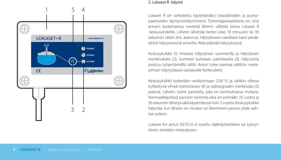 Hälytykseen vaaditaan kaksi peräkkäistä hälytysviestiä anturilta. Rele päästää hälytyksessä. Keskusyksikkö (1) ilmaisee hälytyksen summerilla ja hälytyksen merkkivalolla ().