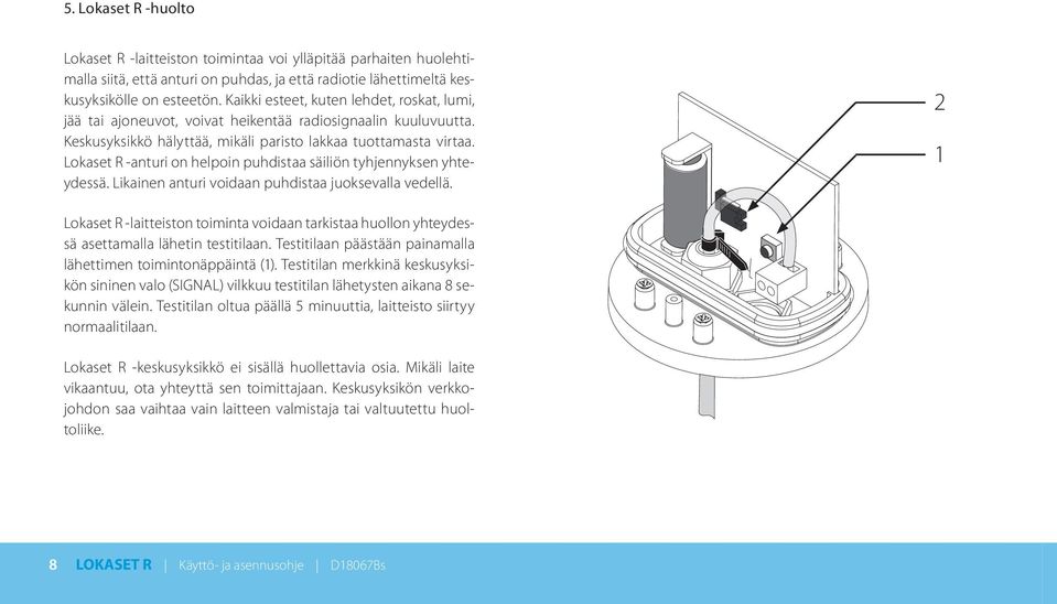 Lokaset R -anturi on helpoin puhdistaa säiliön tyhjennyksen yhteydessä. Likainen anturi voidaan puhdistaa juoksevalla vedellä.