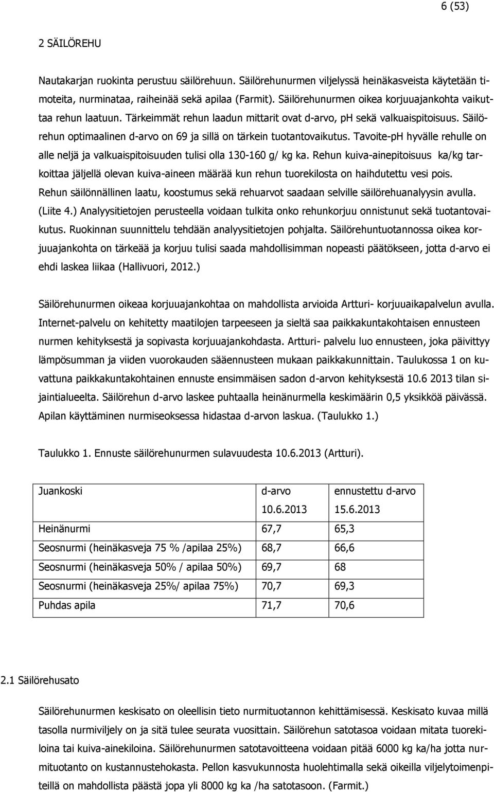 Säilörehun optimaalinen d-arvo on 69 ja sillä on tärkein tuotantovaikutus. Tavoite-pH hyvälle rehulle on alle neljä ja valkuaispitoisuuden tulisi olla 130-160 g/ kg ka.