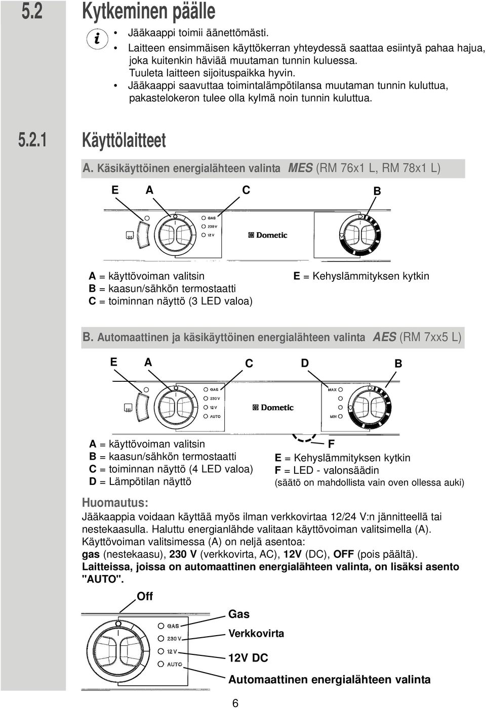 Käsikäyttöinen energialähteen valinta MES (RM 76x1 L, RM 78x1 L) E C B = käyttövoiman valitsin B = kaasun/sähkön termostaatti C = toiminnan näyttö (3 LED valoa) E = Kehyslämmityksen kytkin B.