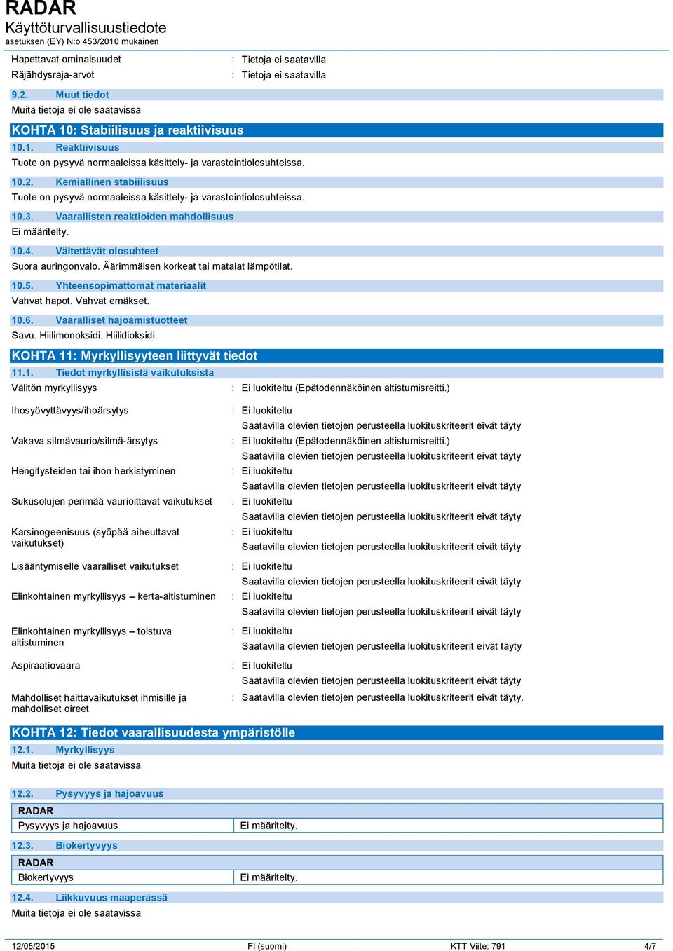 Yhteensopimattomat materiaalit Vahvat hapot. Vahvat emäkset. 10.6. Vaaralliset hajoamistuotteet Savu. Hiilimonoksidi. Hiilidioksidi. KOHTA 11: Myrkyllisyyteen liittyvät tiedot 11.1. Tiedot myrkyllisistä vaikutuksista Välitön myrkyllisyys (Epätodennäköinen altistumisreitti.