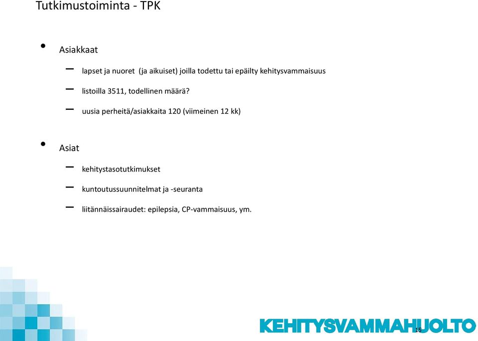 uusia perheitä/asiakkaita 120 (viimeinen 12 kk) Asiat kehitystasotutkimukset