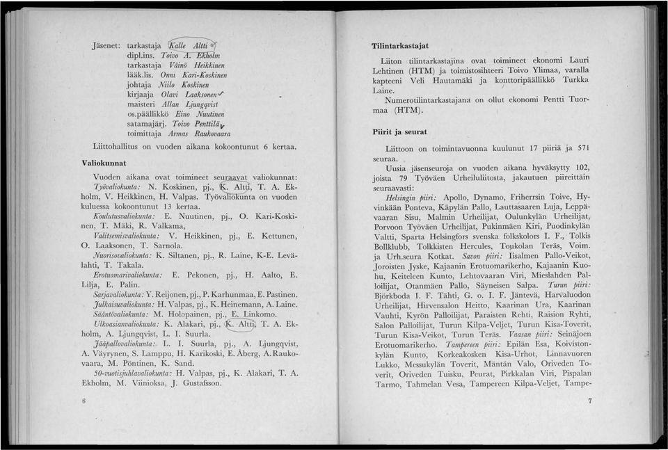 Valiokunnat Vuoden aikana ovat toimineet seura vat valiokunnat: Työvaliokunta: N. Koskinen, pj.,. Altt", T. A. Ekholm, V. Heikkinen, H. Valpas. Työva 10 kuluessa kokoontunut 13 kertaa.