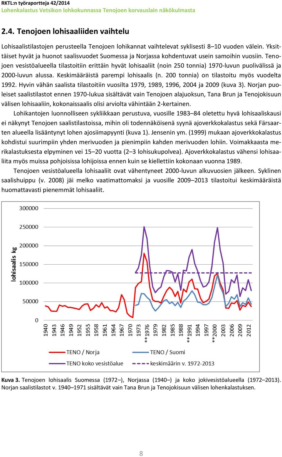 Tenojoen vesistöalueella tilastoitiin erittäin hyvät lohisaaliit (noin 250 tonnia) 1970-luvun puolivälissä ja 2000-luvun alussa. Keskimääräistä parempi lohisaalis (n.