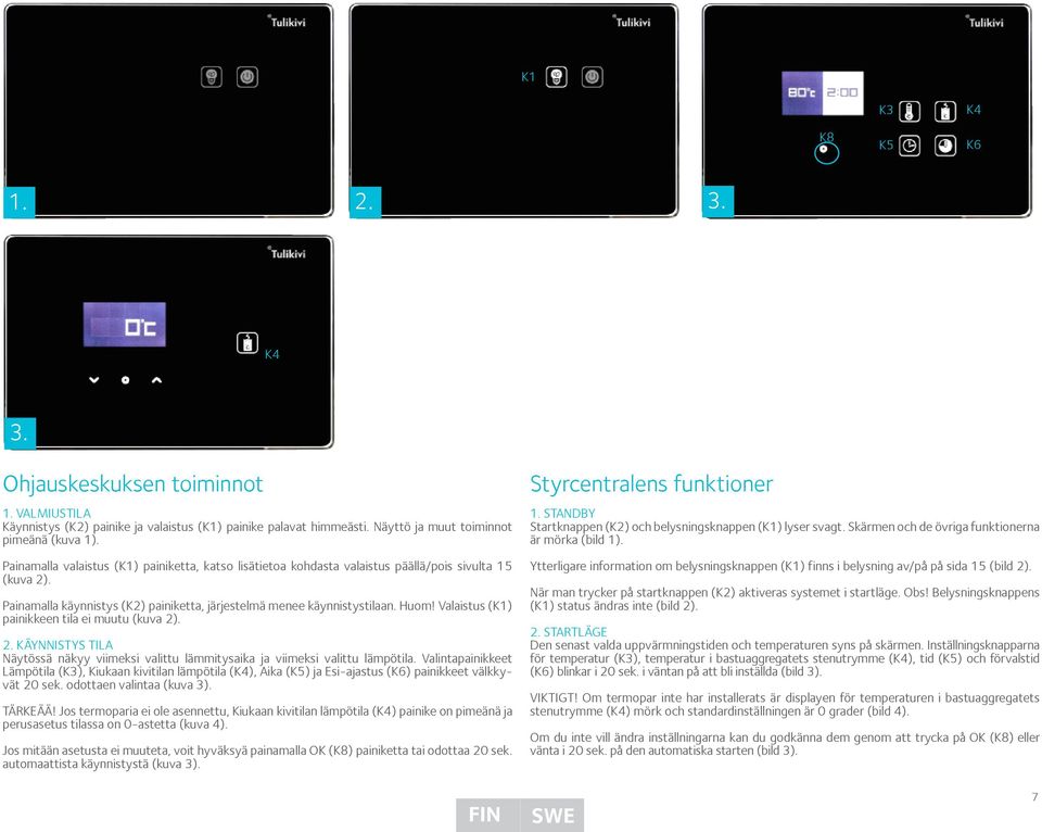 Valaistus (K1) painikkeen tila ei muutu (kuva 2). 2. Käynnistys tila Näytössä näkyy viimeksi valittu lämmitysaika ja viimeksi valittu lämpötila.