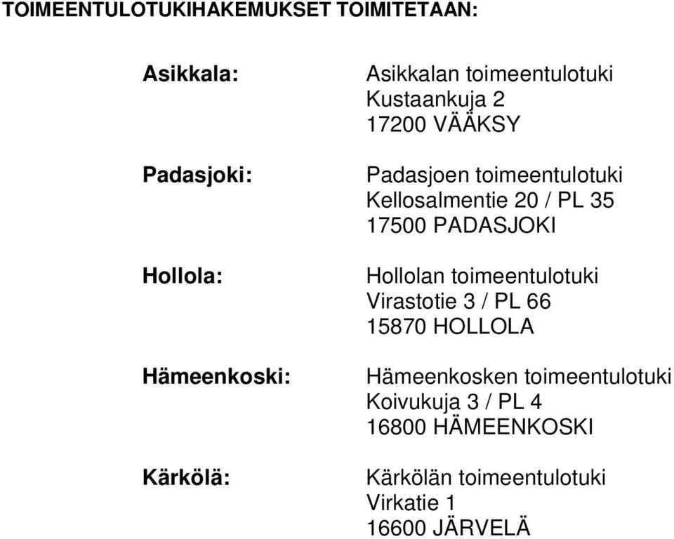 / PL 35 17500 PADASJOKI Hollolan toimeentulotuki Virastotie 3 / PL 66 15870 HOLLOLA Hämeenkosken