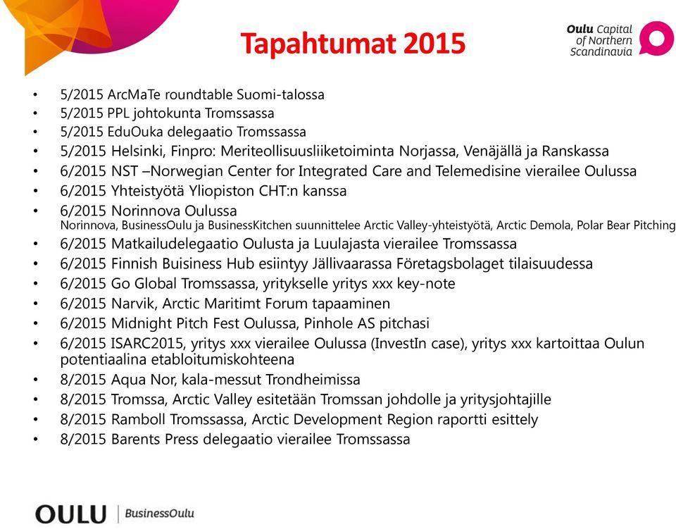 BusinessKitchen suunnittelee Arctic Valley-yhteistyötä, Arctic Demola, Polar Bear Pitching 6/2015 Matkailudelegaatio Oulusta ja Luulajasta vierailee Tromssassa 6/2015 Finnish Buisiness Hub esiintyy