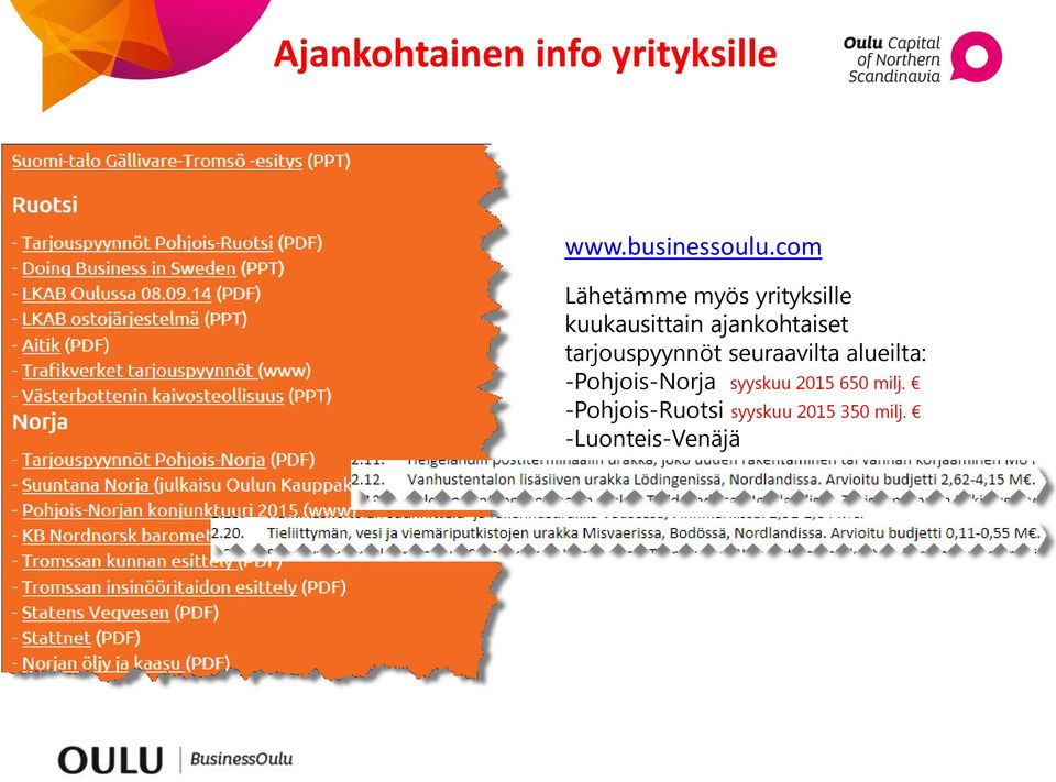 tarjouspyynnöt seuraavilta alueilta: -Pohjois-Norja syyskuu