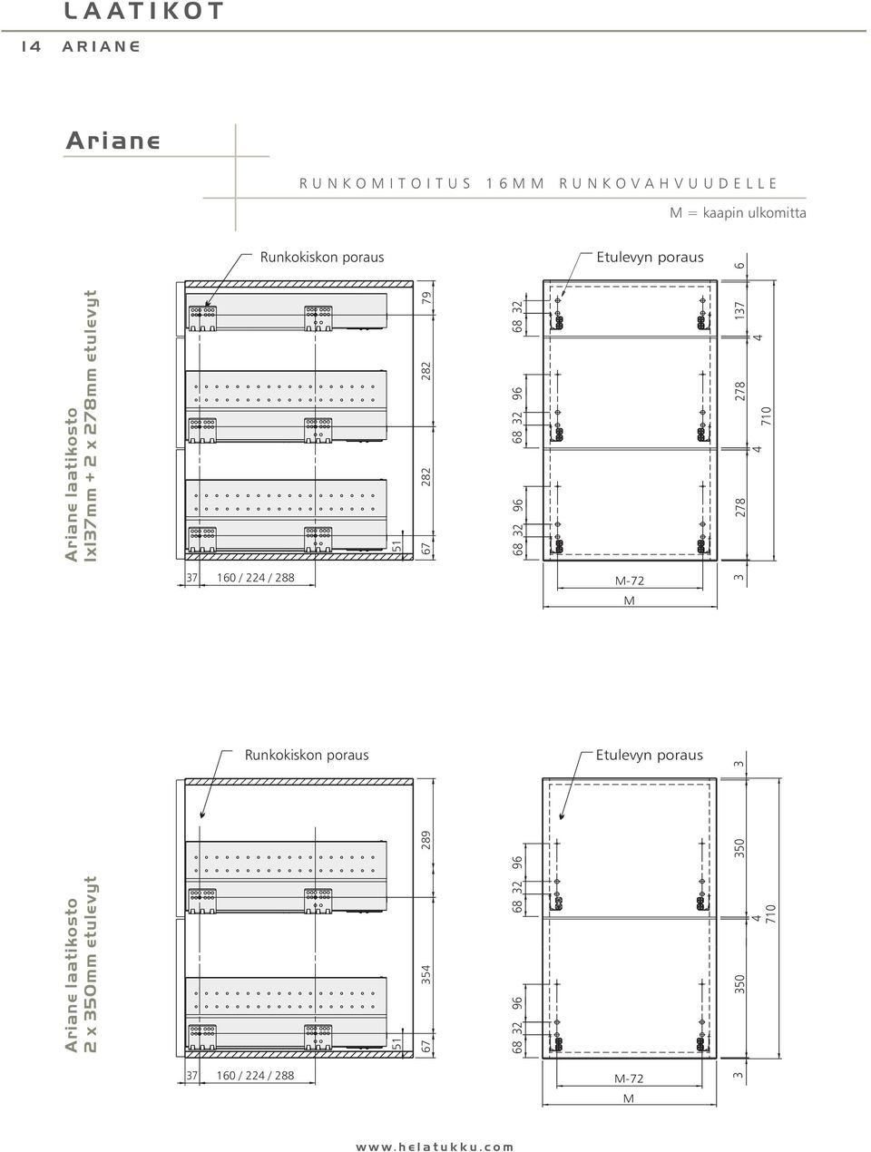 96 68 32 278 278 137 4 4 710 37 160 / 224 / 288 M-72 3 M Runkokiskon poraus Etulevyn poraus 3 289