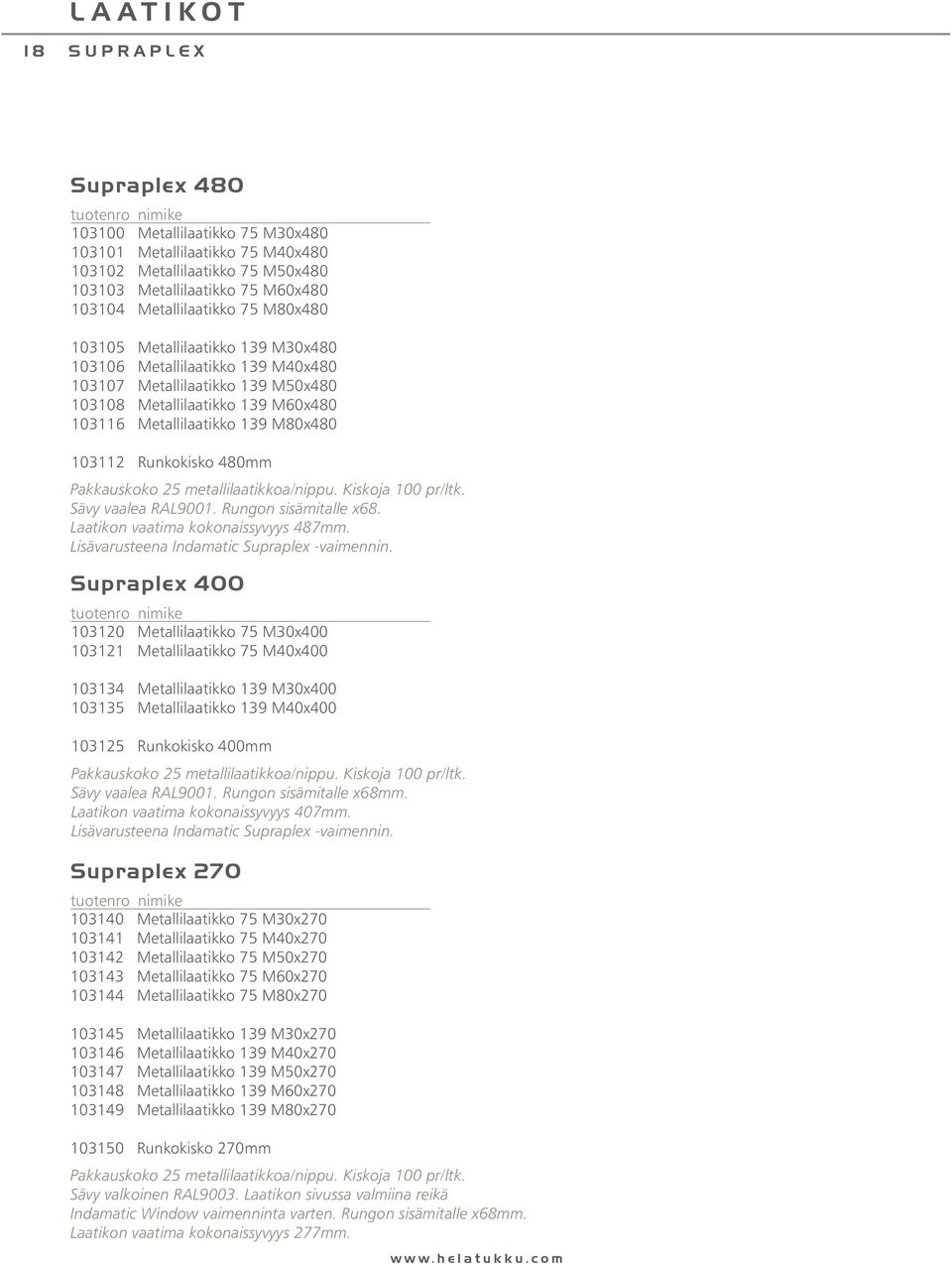 Pakkauskoko 25 metallilaatikkoa/nippu. Kiskoja 100 pr/ltk. Sävy vaalea RAL9001. Rungon sisämitalle x68. Laatikon vaatima kokonaissyvyys 487mm. Lisävarusteena Indamatic Supraplex -vaimennin.