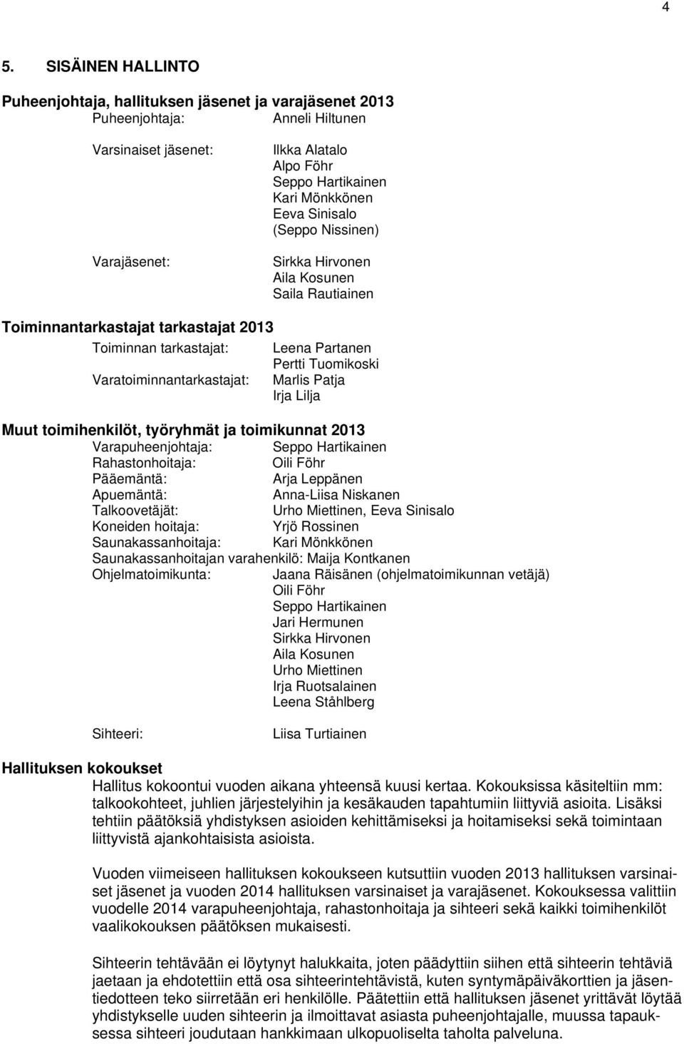 Marlis Patja Irja Lilja Muut toimihenkilöt, työryhmät ja toimikunnat 2013 Varapuheenjohtaja: Seppo Hartikainen Rahastonhoitaja: Oili Föhr Pääemäntä: Arja Leppänen Apuemäntä: Anna-Liisa Niskanen