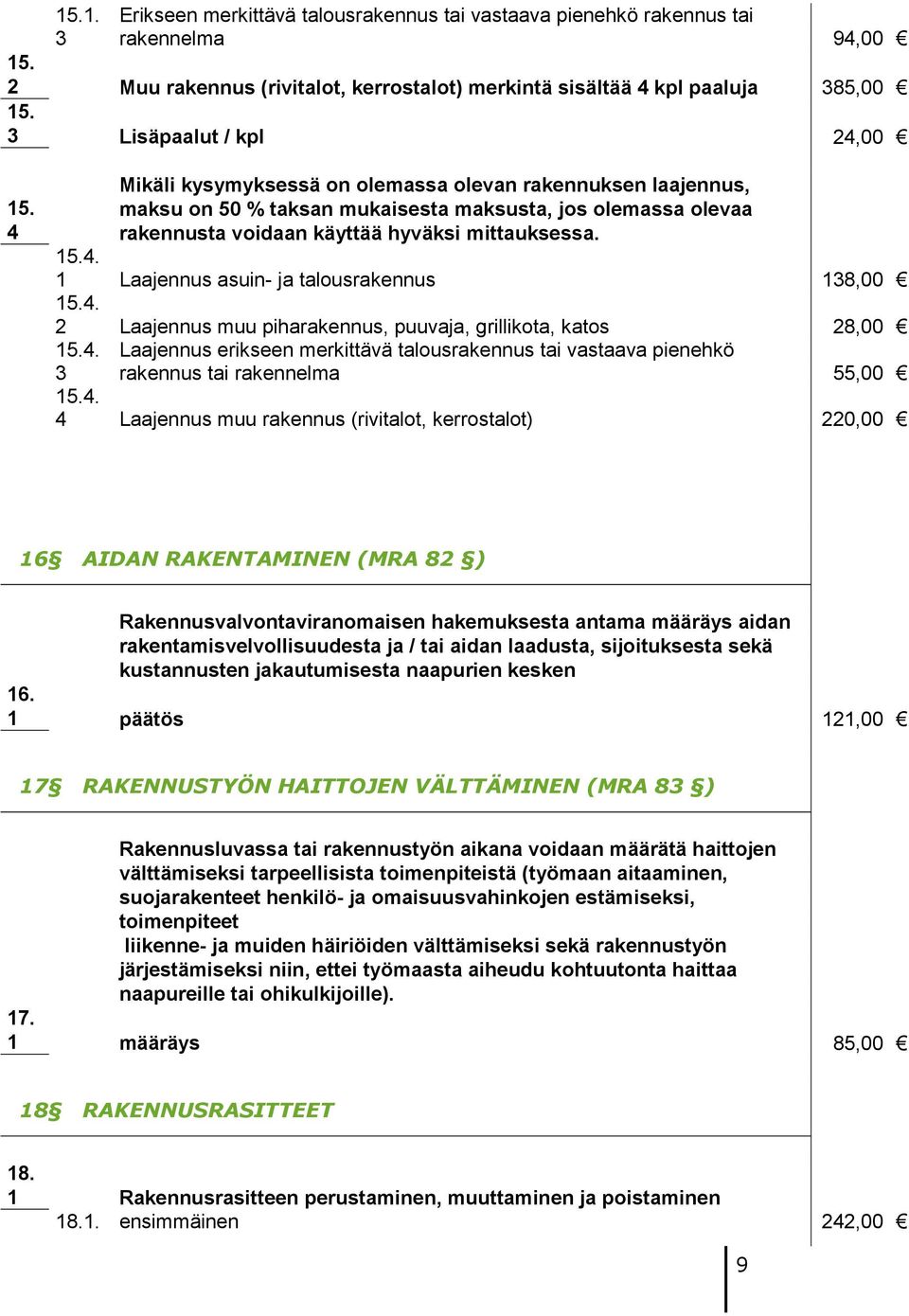 4 Mikäli kysymyksessä on olemassa olevan rakennuksen laajennus, maksu on 50 % taksan mukaisesta maksusta, jos olemassa olevaa rakennusta voidaan käyttää hyväksi mittauksessa. 5.4. Laajennus asuin- ja talousrakennus 38,00 5.