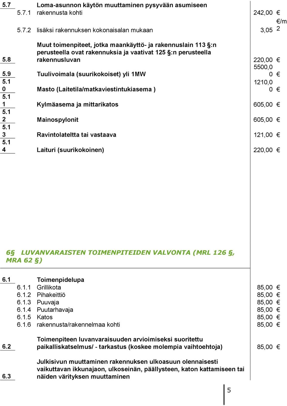 0 Masto (Laitetila/matkaviestintukiasema ) 0,0 0 5. Kylmäasema ja mittarikatos 605,00 5. Mainospylonit 605,00 5. 3 Ravintolateltta tai vastaava,00 5.