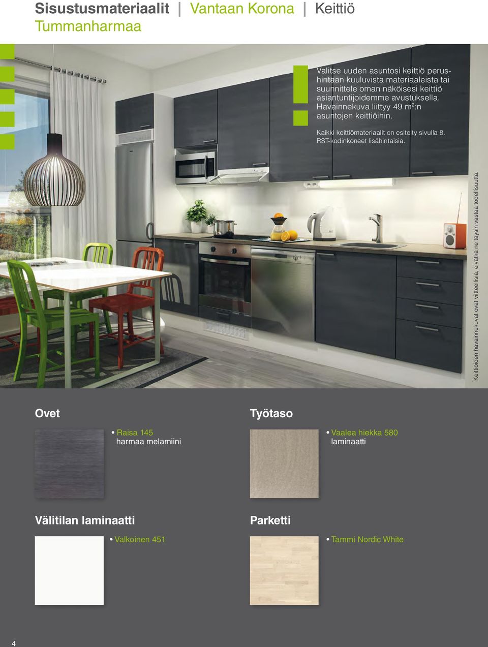 Kaikki keittiömateriaalit on esitelty sivulla 8. RST-kodinkoneet lisähintaisia.