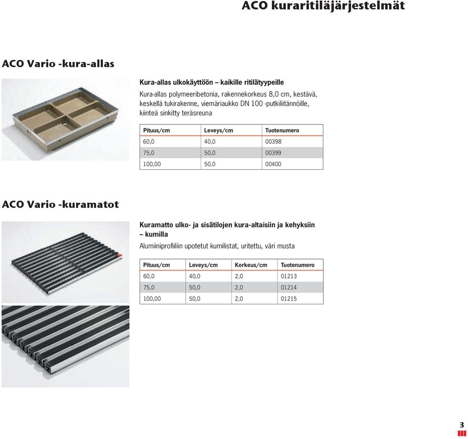 75,0 50,0 00399 100,00 50,0 00400 ACO Vario -kuramatot Kuramatto ulko- ja sisätilojen kura-altaisiin ja kehyksiin kumilla