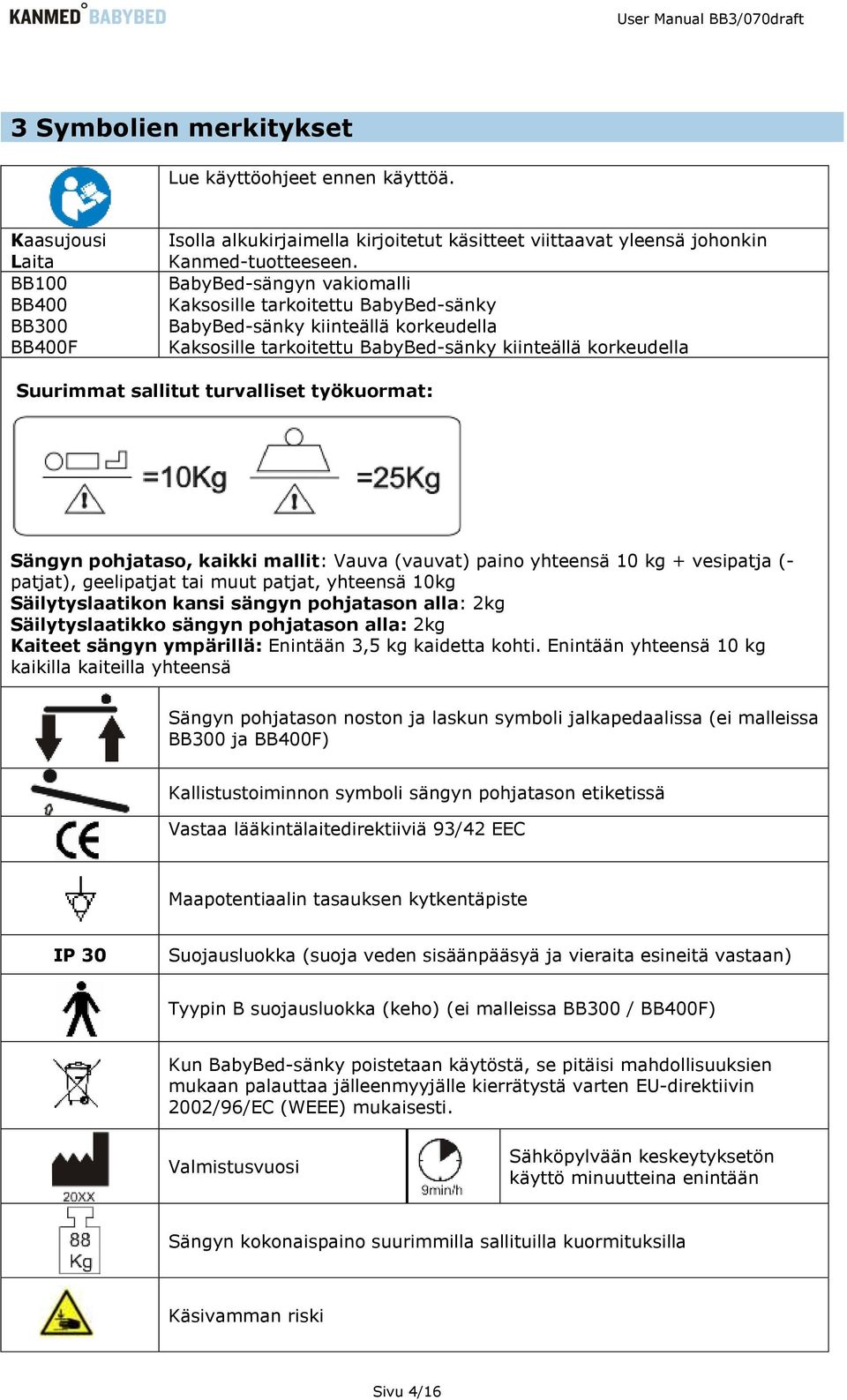 työkuormat: Sängyn pohjataso, kaikki mallit: Vauva (vauvat) paino yhteensä 10 kg + vesipatja (- patjat), geelipatjat tai muut patjat, yhteensä 10kg Säilytyslaatikon kansi sängyn pohjatason alla: 2kg