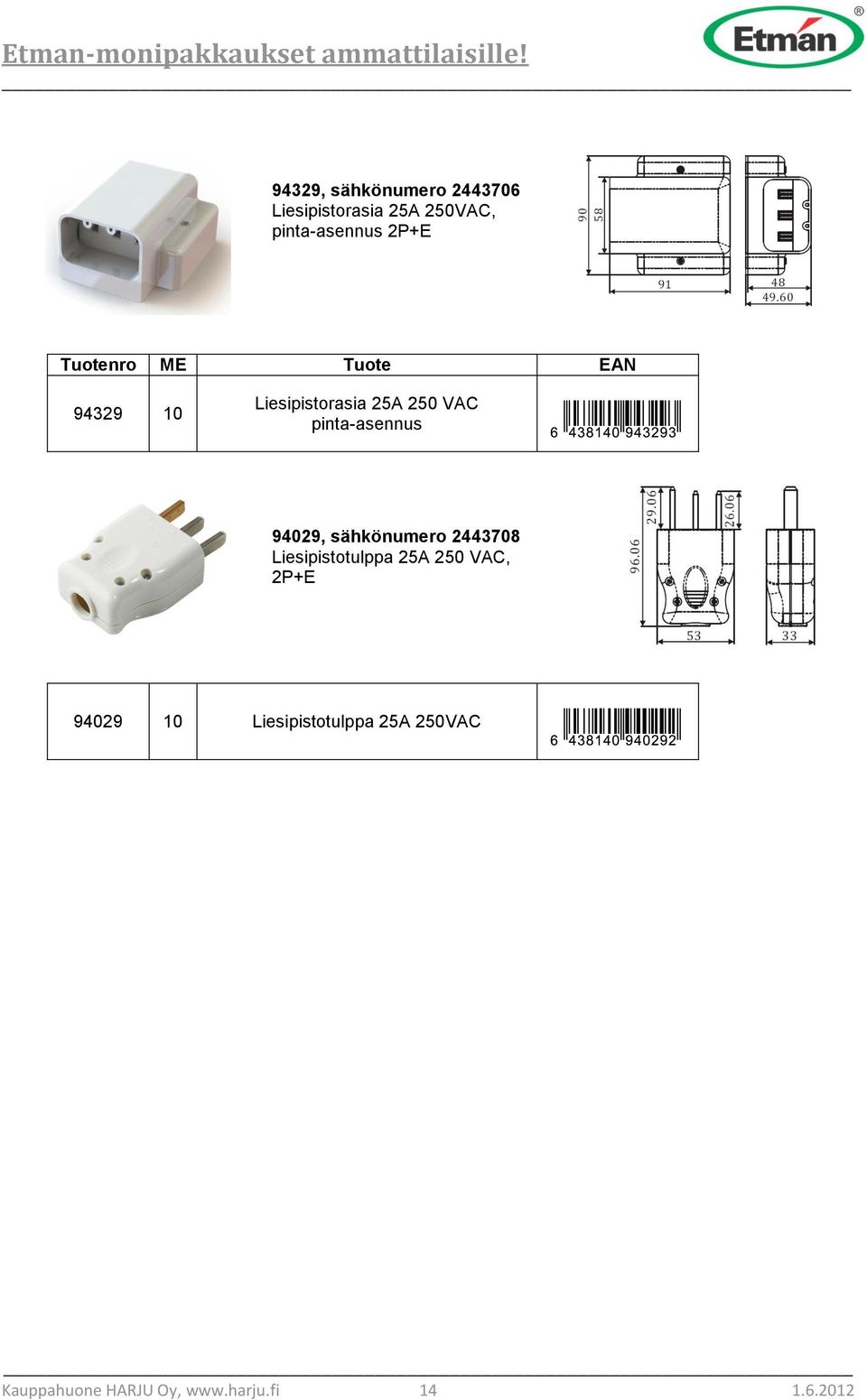 pinta-asennus 94029, sähkönumero 2443708 Liesipistotulppa 25A 250