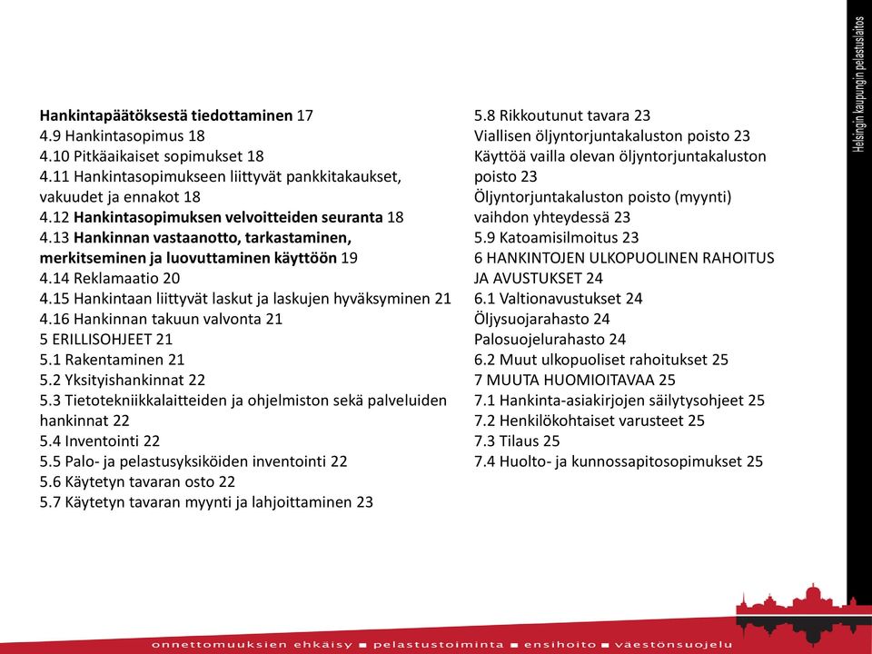 15 Hankintaan liittyvät laskut ja laskujen hyväksyminen 21 4.16 Hankinnan takuun valvonta 21 5 ERILLISOHJEET 21 5.1 Rakentaminen 21 5.2 Yksityishankinnat 22 5.