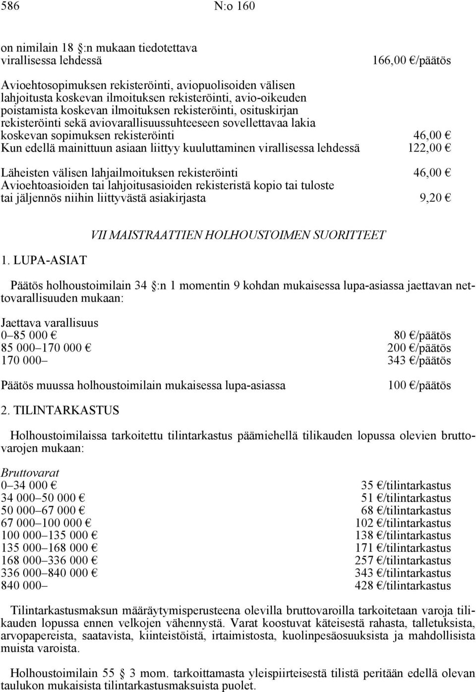 mainittuun asiaan liittyy kuuluttaminen virallisessa lehdessä 122,00 Läheisten välisen lahjailmoituksen rekisteröinti 46,00 Avioehtoasioiden tai lahjoitusasioiden rekisteristä kopio tai tuloste tai