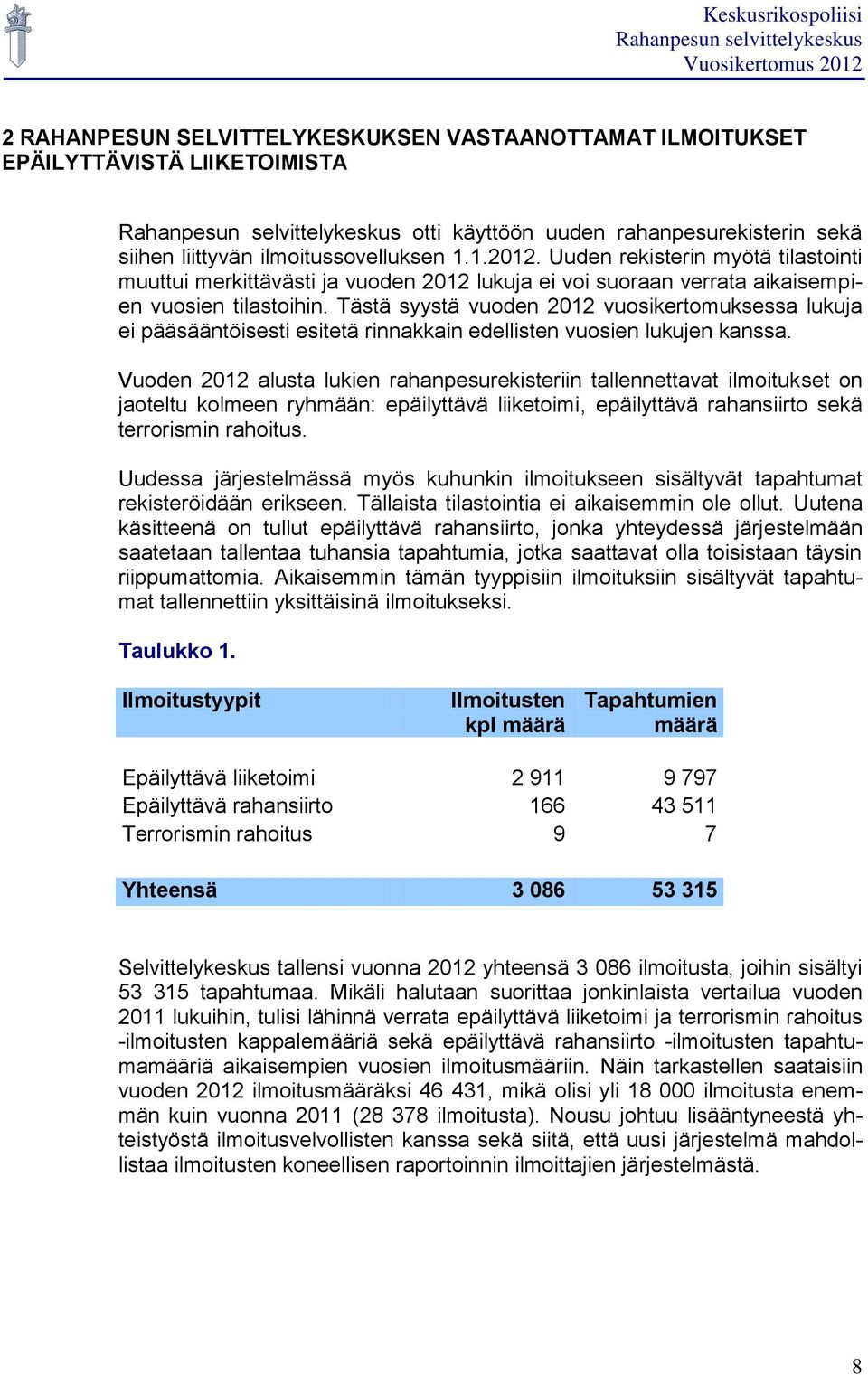 Tästä syystä vuoden 2012 vuosikertomuksessa lukuja ei pääsääntöisesti esitetä rinnakkain edellisten vuosien lukujen kanssa.