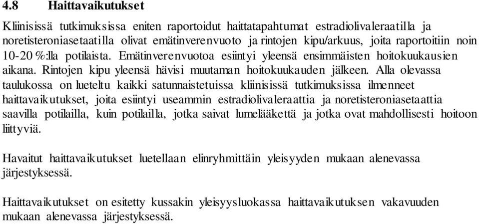 Alla olevassa taulukossa on lueteltu kaikki satunnaistetuissa kliinisissä tutkimuksissa ilmenneet haittavaikutukset, joita esiintyi useammin estradiolivaleraattia ja noretisteroniasetaattia saavilla