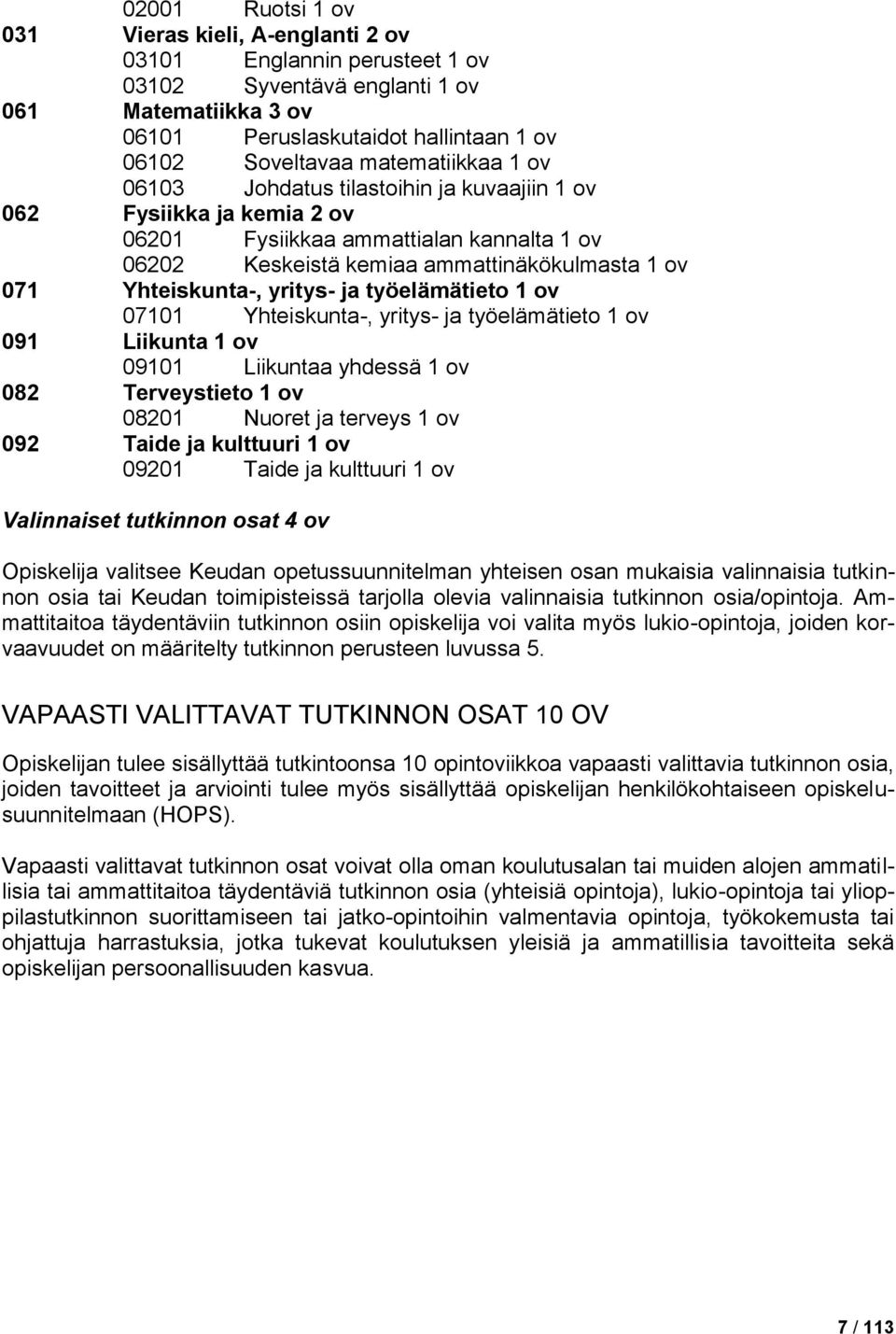 yritys- ja työelämätieto 1 ov 07101 Yhteiskunta-, yritys- ja työelämätieto 1 ov 091 Liikunta 1 ov 09101 Liikuntaa yhdessä 1 ov 082 Terveystieto 1 ov 08201 Nuoret ja terveys 1 ov 092 Taide ja