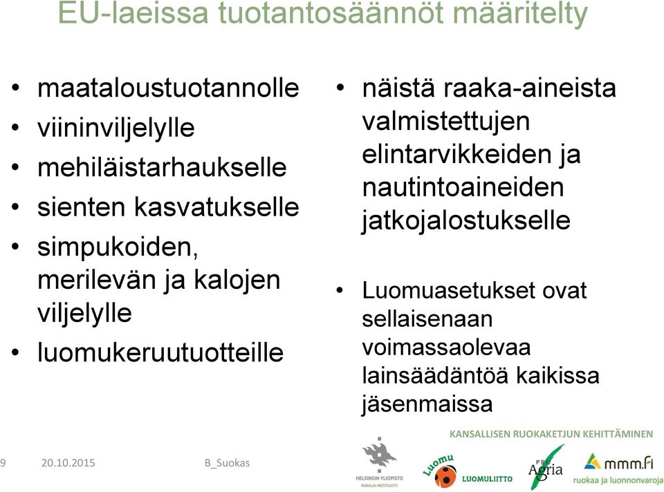 luomukeruutuotteille näistä raaka-aineista valmistettujen elintarvikkeiden ja