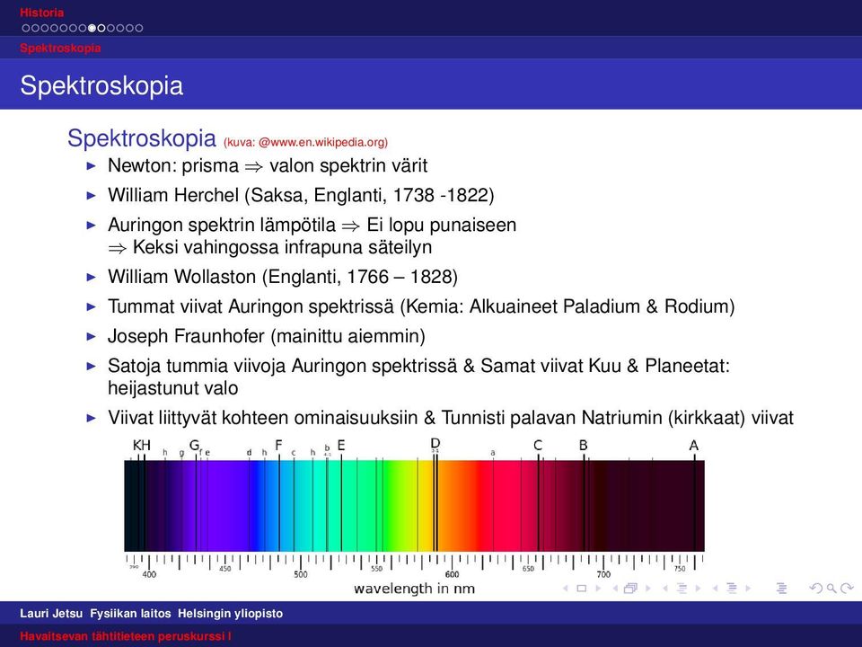 vahingossa infrapuna säteilyn William Wollaston (Englanti, 1766 1828) Tummat viivat Auringon spektrissä (Kemia: Alkuaineet Paladium &