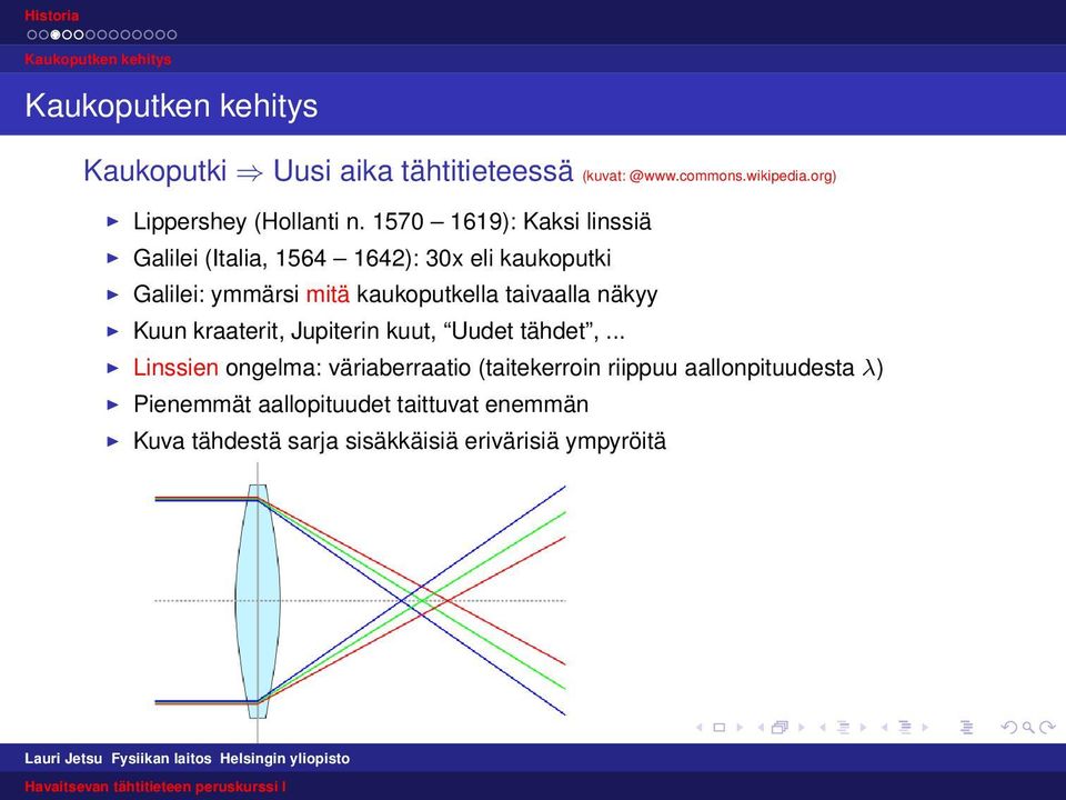 1570 1619): Kaksi linssiä Galilei (Italia, 1564 1642): 30x eli kaukoputki Galilei: ymmärsi mitä kaukoputkella taivaalla