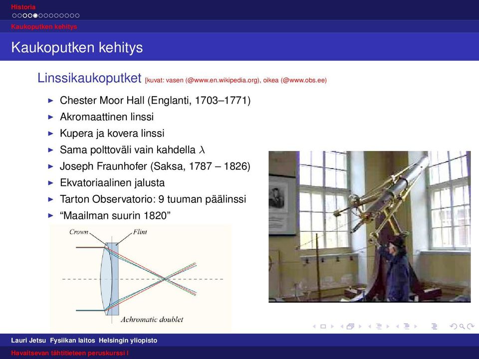 ee) Chester Moor Hall (Englanti, 1703 1771) Akromaattinen linssi Kupera ja kovera linssi