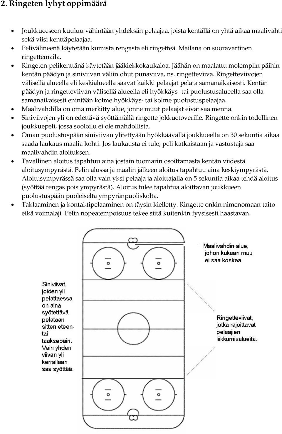 Ringetteviivojen välisellä alueella eli keskialueella saavat kaikki pelaajat pelata samanaikaisesti.