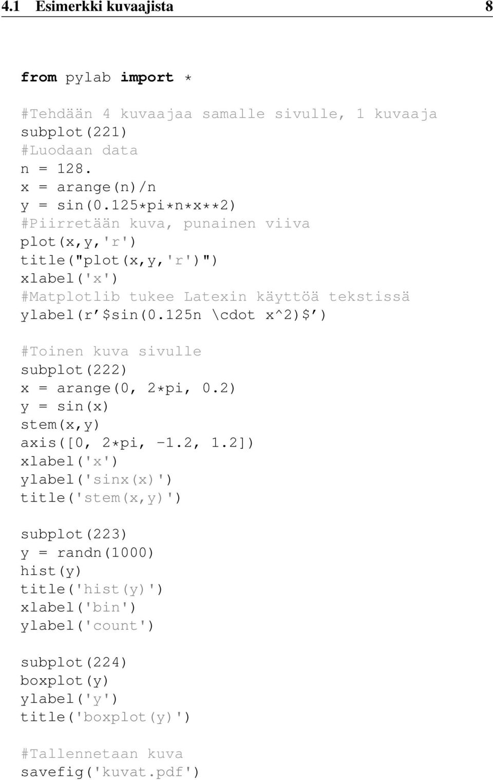 125n \cdot x^2)$ ) #Toinen kuva sivulle subplot(222) x = arange(0, 2*pi, 0.2) y = sin(x) stem(x,y) axis([0, 2*pi, -1.2, 1.