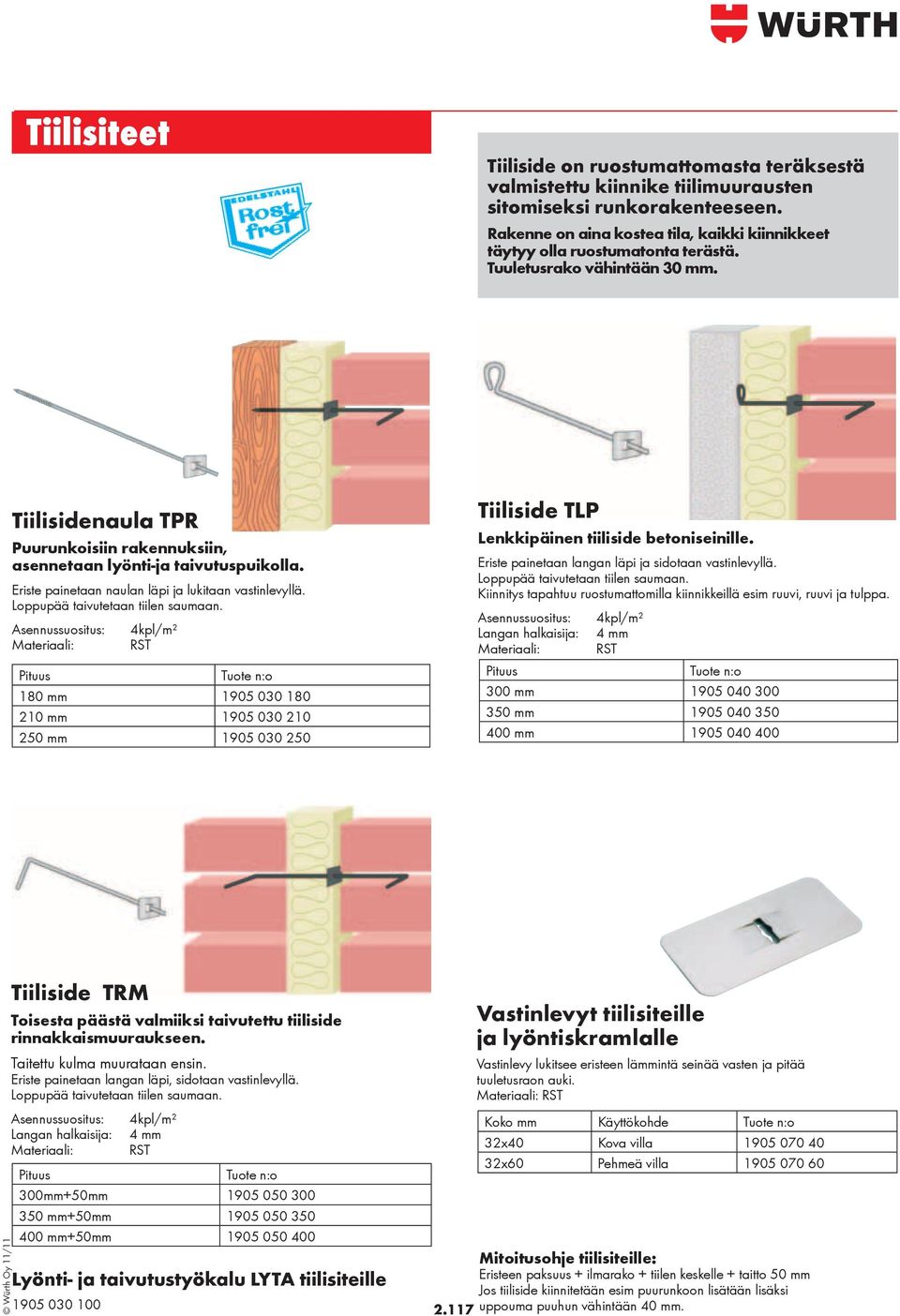 Eriste painetaan naulan läpi ja lukitaan vastinlevyllä. Loppupää taivutetaan tiilen saumaan.