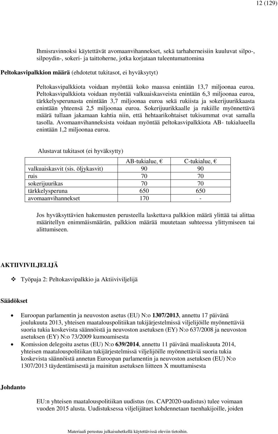 Peltokasvipalkkiota voidaan myöntää valkuaiskasveista enintään 6,3 miljoonaa euroa, tärkkelysperunasta enintään 3,7 miljoonaa euroa sekä rukiista ja sokerijuurikkaasta enintään yhteensä 2,5 miljoonaa