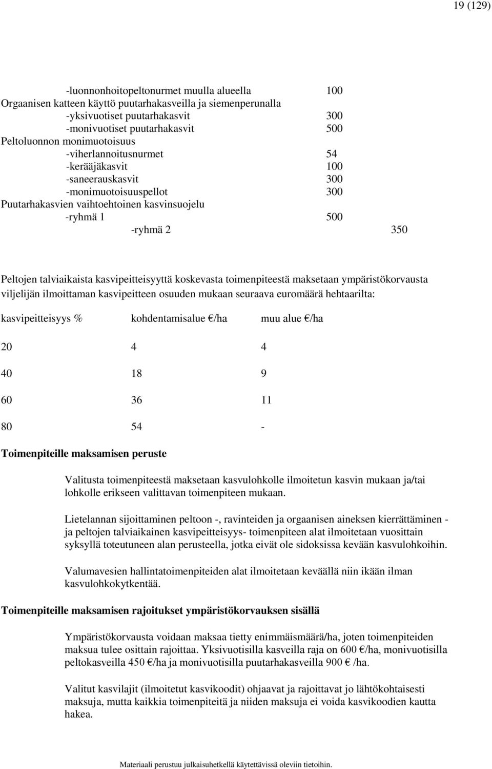 kasvipeitteisyyttä koskevasta toimenpiteestä maksetaan ympäristökorvausta viljelijän ilmoittaman kasvipeitteen osuuden mukaan seuraava euromäärä hehtaarilta: kasvipeitteisyys % kohdentamisalue /ha