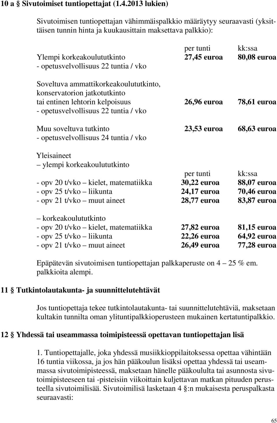 80,08 euroa - opetusvelvollisuus 22 tuntia / vko Soveltuva ammattikorkeakoulututkinto, konservatorion jatkotutkinto tai entinen lehtorin kelpoisuus 26,96 euroa 78,61 euroa - opetusvelvollisuus 22