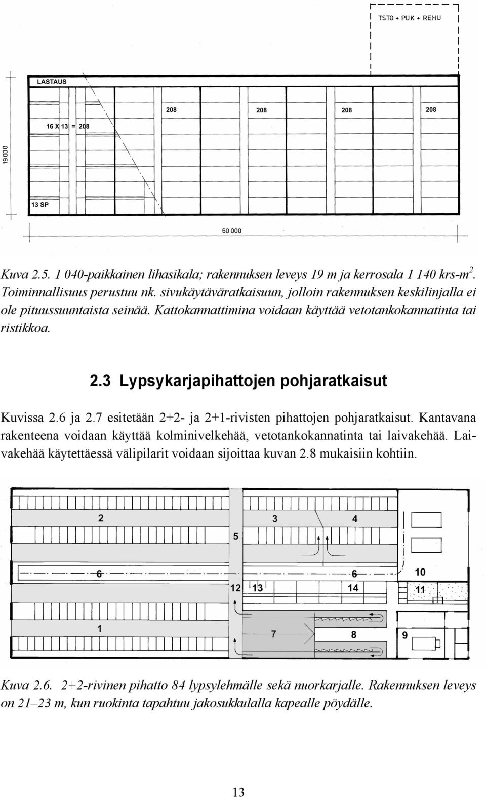 3 Lypsykarjapihattojen pohjaratkaisut Kuvissa 2.6 ja 2.7 esitetään 2+2- ja 2+1-rivisten pihattojen pohjaratkaisut.