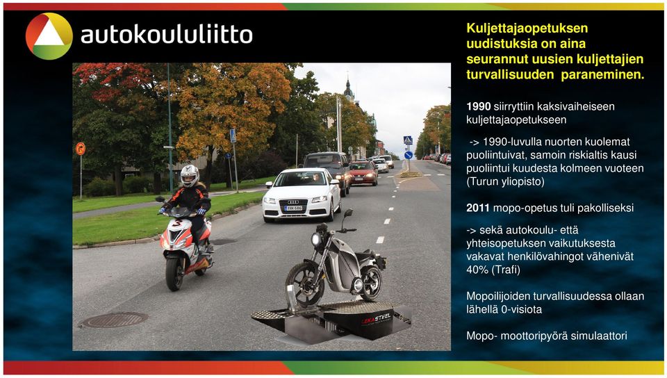 puoliintui kuudesta kolmeen vuoteen (Turun yliopisto) 2011 mopo-opetus tuli pakolliseksi -> sekä autokoulu- että