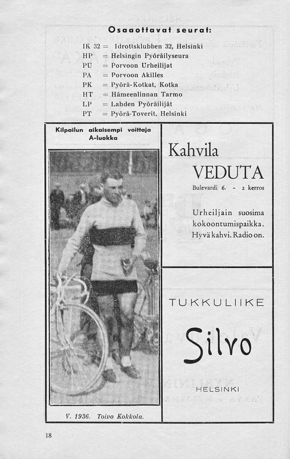 Pyörä-Toverit, Helsinki Kilpailun aikaisempi voittaja A-luokka Kahvila VEDUTA Bulevardi 6.