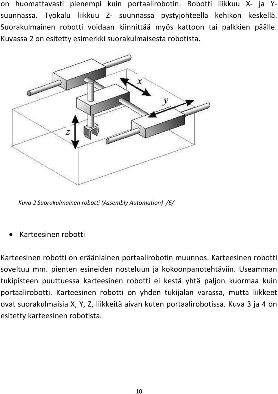 Kuva 2 Suorakulmainen robotti (Assembly Automation) /6/ Karteesinen robotti Karteesinen robotti on eräänlainen portaalirobotin muunnos. Karteesinen robotti soveltuu mm.